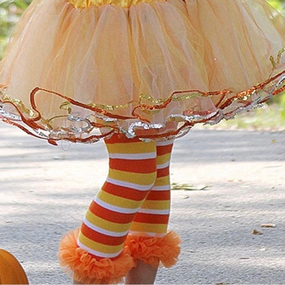 Girls orange candy corn leg warmers with chiffon ruffles for Halloween costumes